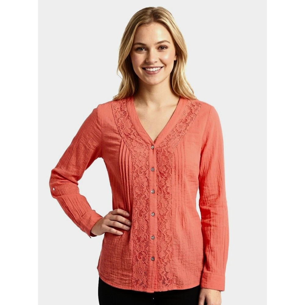 Studio Works Womens Blouse M Orange V-Neck Long Slv Lace Button Thanksgiving